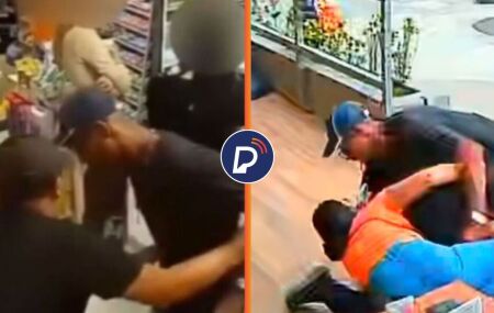 Momento em que policial aposentado tem arma roubada dentro de loja de conveni&ecirc;ncia.