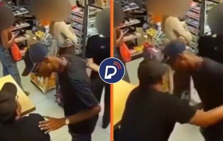 Momento em que PM aposentado tem arma roubada dentro de loja de conveni&ecirc;ncia no Recife.