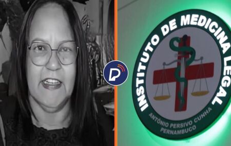 Professora que foi encontrada morta dentro de casa, na Mata Sul de Pernambuco e fachada do IML.