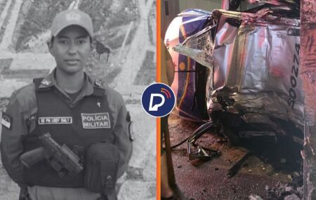 Policial militar que morreu ap&oacute;s acidente e estado da viatura da PMPE.