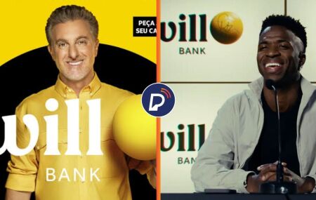 Luciano Huck e Vini Jr em propagandas da Will Bank.
