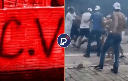 Parede vermelha pichada com iniciais do Comando Vermelho e briga entre torcedores.