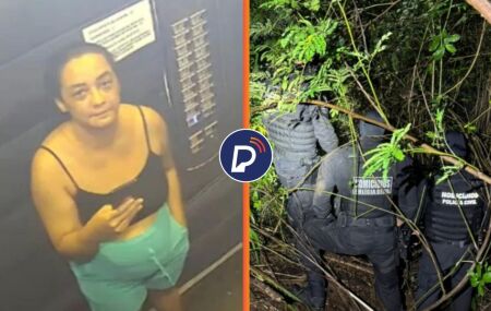 Corretora Daiane Alves Souza, de 43 anos, em elevador antes de desaparecer e local de mata onde corpo foi encontrado.