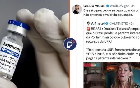 Medicamento polilaminina e coment&aacute;rio de Gil do Vigor nas redes sociais.