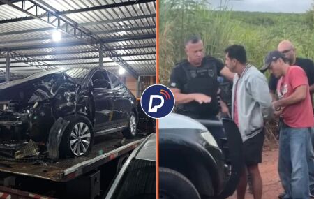Carro alvejado onde as v&iacute;timas estavam e homem sendo preso pela pol&iacute;cia.