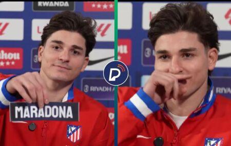 Juli&aacute;n &Aacute;lvarez faz brincadeira ap&oacute;s ouvir nome de Maradona.