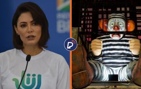 Michelle Bolsonaro reage ap&oacute;s desfile retratar Jair Bolsonaro como palha&ccedil;o preso em homenagem a Lula