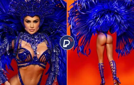 Natacha Horana, musa bailarina da Gavi&otilde;es da Fiel com traje carnavalesco.