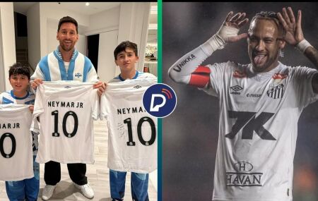 Neymar presenteia Messi e seus filhos com camisa do Santos.
