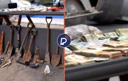 Materiais usado na escava&ccedil;&atilde;o de t&uacute;nel e dinheiro uruguaio resgatado ap&oacute;s assalto frustrado.