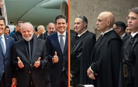 Lula ao lado de Hugo Motta e Davi Alcolumbre, presidentes da C&acirc;mara e Senado Federal; ministros do STF em reuni&atilde;o.