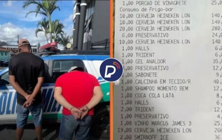 Homens que foram presos e itens consumidos no motel.