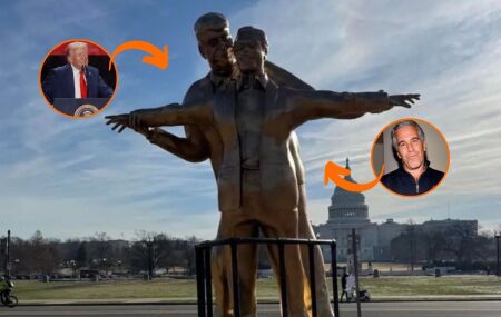 Est&aacute;tua de Trump e Epstein em famosa pose do "Titanic" &eacute; instalada na capital dos Estados Unidos