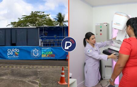 Unidade m&oacute;vel da Carreta da Mulher Pernambucana e atendimento.