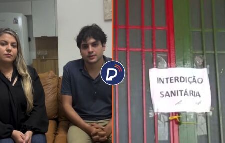 Dono de pizzaria La Favoritta ao lado da advogada e estabelecimento interditado.