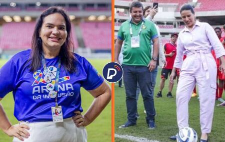 Michele Collins e Raquel Lyra na Arena de Pernambuco.