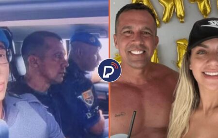 Tenente-coronel sendo preso e foto dele ao lado da esposa PM, que foi achada morta.