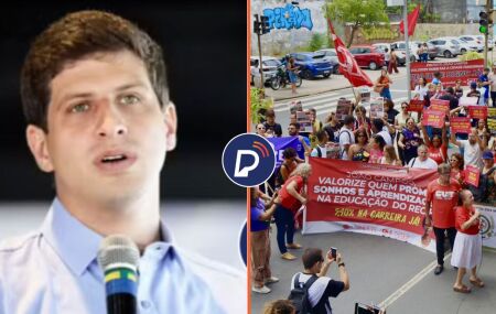 Prefeito Jo&atilde;o Campos, do Recife, e servidores em ato contra gest&atilde;o.