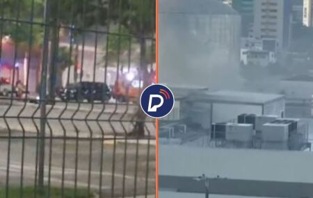 Momento em que viaturas atuam no combate &agrave; chamas e vista do Shopping Recife em chamas. 