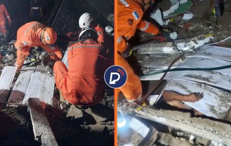 Pr&eacute;dio de tr&ecirc;s andares desaba e idoso &eacute; resgatado com vida em Olinda.