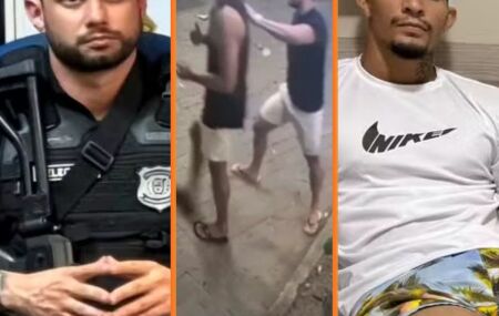 Delegado Luiz Alberto Braga (esq.), v&iacute;deo do caso e o ambulante Emmanuel Apory, que teve a perna amputada.