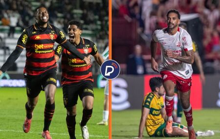 Jogadores de Sport e N&aacute;utico comemorando gol marcado.