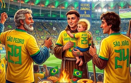 Imagem ilustrativa de S&atilde;o Pedro, Santo Ant&ocirc;nio e S&atilde;o Jo&atilde;o com a camisa do Brasil.