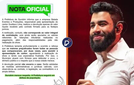 Prefeitura de Surubim diz que Gusttavo Lima devolveu apenas parte do cach&ecirc;.