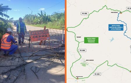 Ponte &eacute; interditada ap&oacute;s risco de desabamento na PE 089 por fortes chuvas.