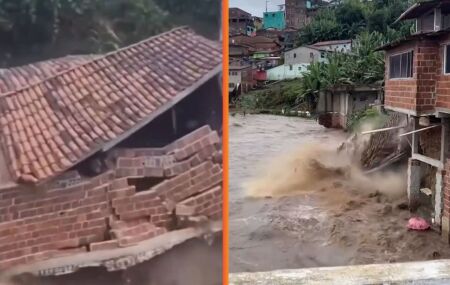 Casa desaba e rios transbordam ap&oacute;s fortes chuvas em Pernambuco.