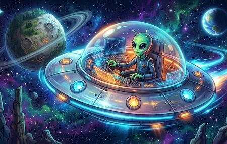 Imagem ilustrativa de um ET dirigindo um OVNI.