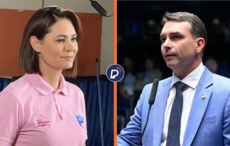 Michelle Bolsonaro e Fl&aacute;vio Bolsonaro.