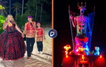  Influenciadora conhecida como a "feiticeira dos pol&iacute;ticos" inaugura a maior imagem do Diabo do mundo