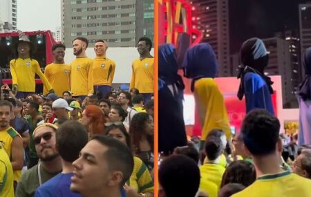 Ap&oacute;s queda do Brasil, bonecos gigantes v&atilde;o embora com cabe&ccedil;as cobertas no Recife.