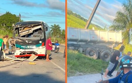 Acidente entre &ocirc;nibus e caminh&atilde;o deixa um morto e um ferido na PE-38, em Ipojuca.