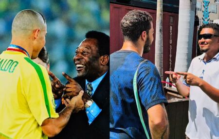 Foto de Ronaldo e Pel&eacute; foi feita na entrega das medalhas do Penta, em 2002.