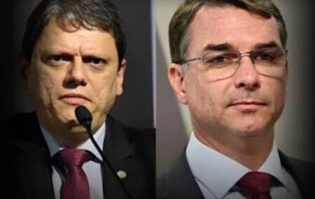 Senador Fl&aacute;vio Bolsonaro (PL-RJ) e o governador de S&atilde;o Paulo, Tarc&iacute;sio de Freitas (Republicanos).