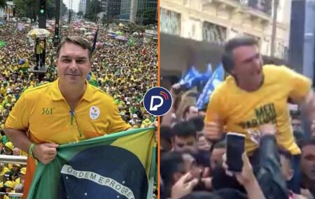 Fl&aacute;vio Bolsonaro em ato e Jair Bolsonaro sofrendo uma facada durante campanha.