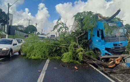 Caminh&atilde;o perde controle na  BR 101, em Abreu e Lima.