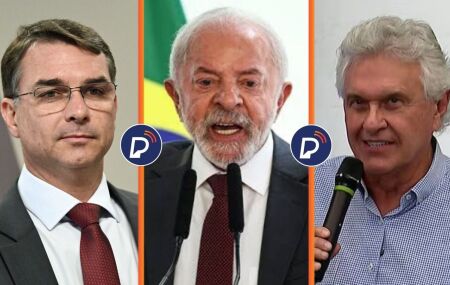 Fl&aacute;vio Bolsonaro, Lula e Caiado.