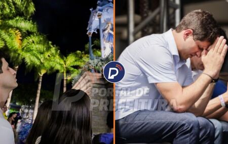 Jo&atilde;o Campos diante da imagem de Nossa Senhora da Concei&ccedil;&atilde;o, no Morro da Concei&ccedil;&atilde;o.