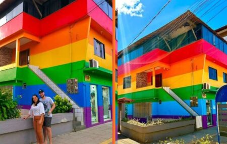 Casa LGBTQIA+ em Iriri, no Esp&iacute;rito Santo, pintada com as cores da bandeira em homenagem ao filho