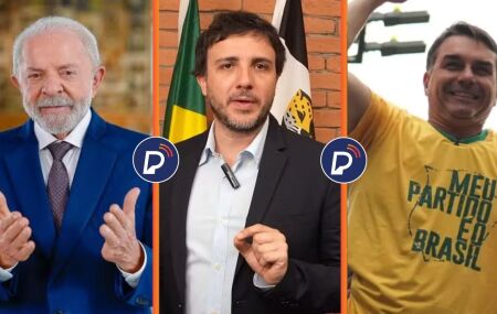 O candidato &agrave; Presid&ecirc;ncia da Rep&uacute;blica Renan Santos (Miss&atilde;o), Luiz In&aacute;cio Lula da Silva (PT) e o  o senador Fl&aacute;vio Bolsonaro (PL-RJ).
