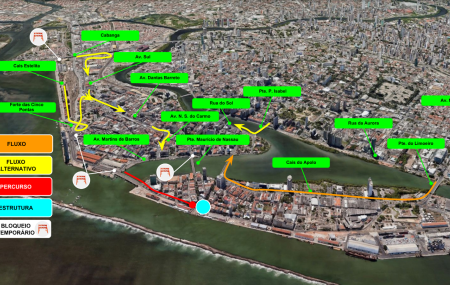 Mapa com altera&ccedil;&otilde;es no tr&acirc;nsito no bairro do Recife