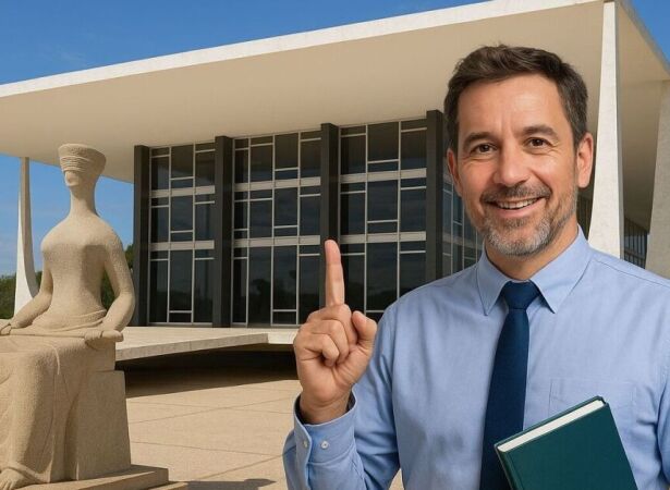 Ilustra&ccedil;&atilde;o de um professor na frente do STF