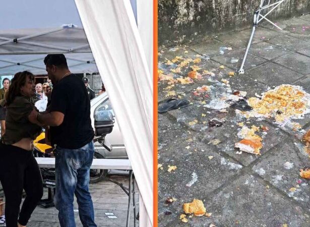 Imagens mostram a mulher sendo contida e os produtos espalhados pelo ch&atilde;o.