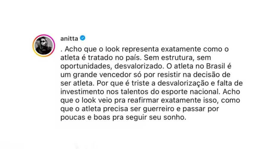 ANITTA critica uniformes da delegação brasileira nas OLIMPÍADAS: 'Representa como o atleta é tratado no país'.