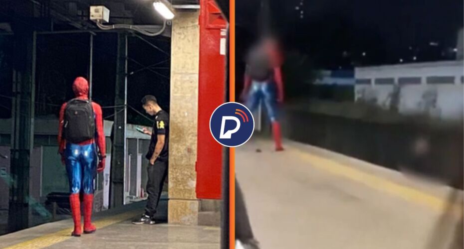 Homem Aranha e Batman brigando em estação de metrô em BH.