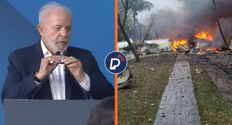 Lula interrompe discurso para pedir um minuto de silêncio para vítimas de acidente aéreo, em Vinhedo. Fot: Arte/Portal de Perfeitura