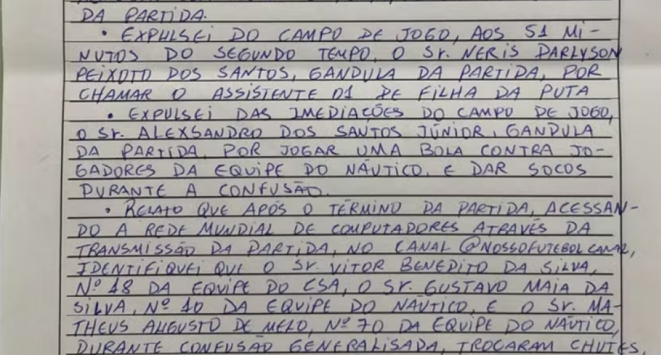 Súmula do jogo entre Náutico e CSA.